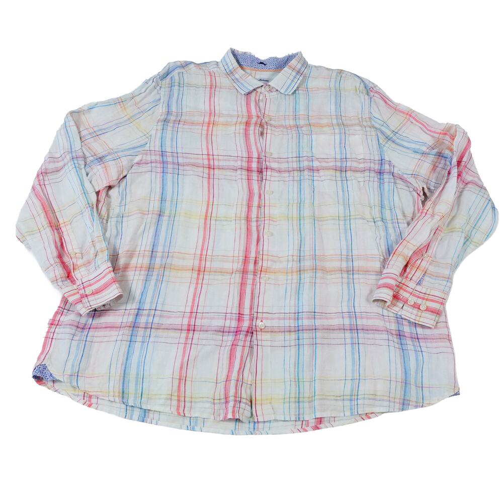 Tommy Bahama Linen Colorful Tropical Check Button Up Long Sleeve Shirt Men's XXL